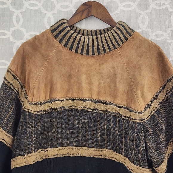 Vintage Deerskin Trading Post Leather Wool Mock neck Knit Sweater Men's L - Picture 2 of 10